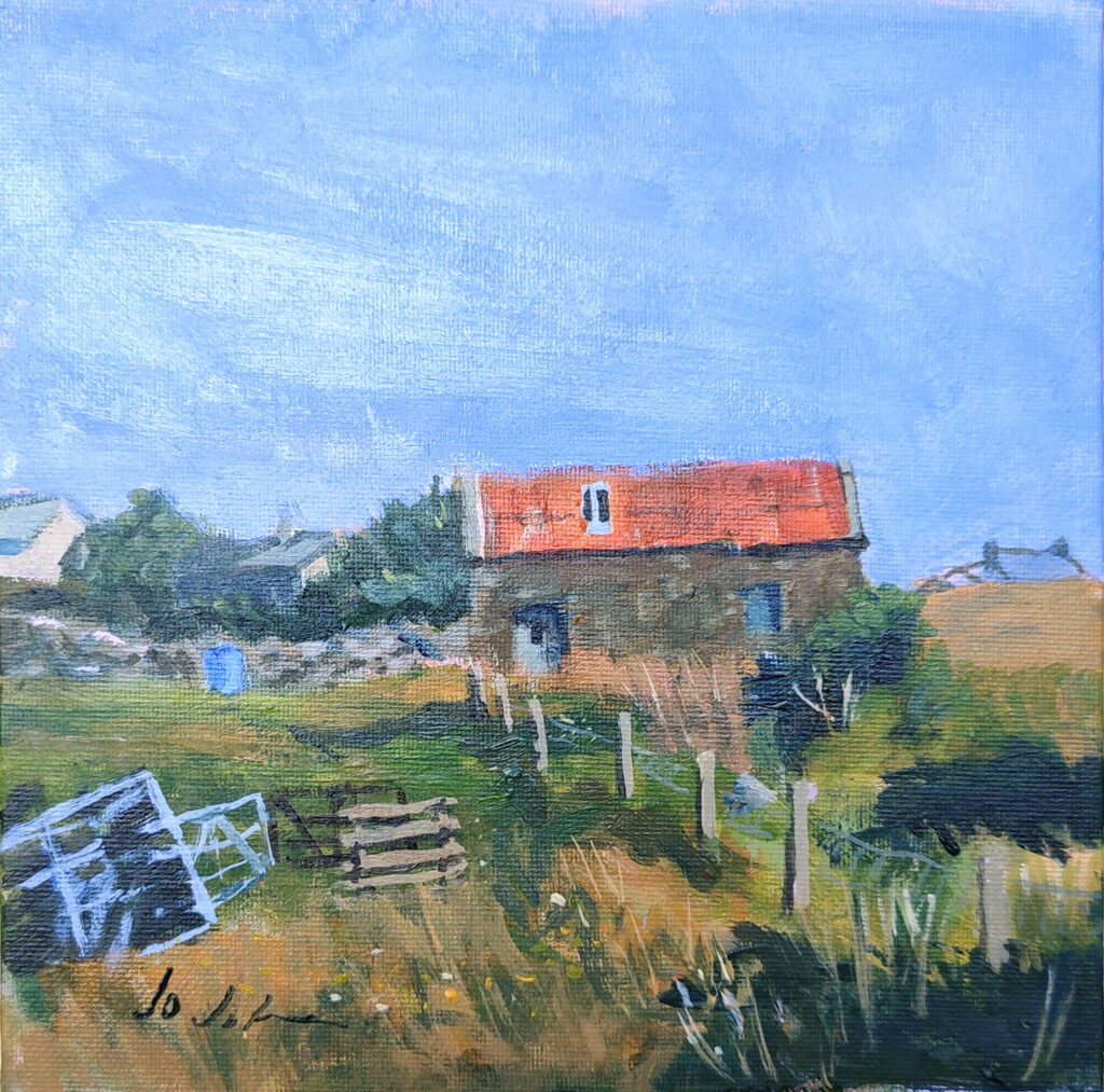 painting of an outhouse with a rusty corrugated iron roof on the Isle of Lewis, Scotland
